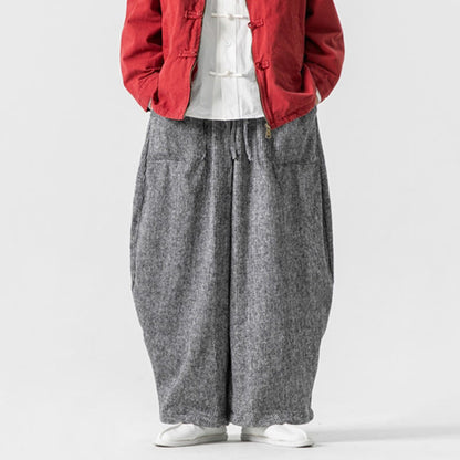 Buddha Stones Daily Solid Color Drawstring Design Men's Wide Leg Cotton Pants With Pockets