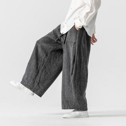 Buddha Stones Daily Solid Color Drawstring Design Men's Wide Leg Cotton Pants With Pockets