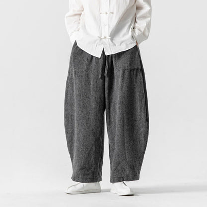 Buddha Stones Daily Solid Color Drawstring Design Men's Wide Leg Cotton Pants With Pockets