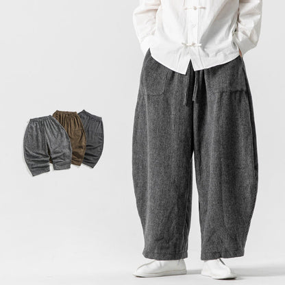 Buddha Stones Daily Solid Color Drawstring Design Men's Wide Leg Cotton Pants With Pockets