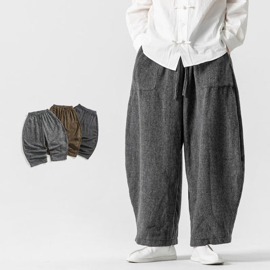 Buddha Stones Daily Solid Color Drawstring Design Men's Wide Leg Cotton Pants With Pockets