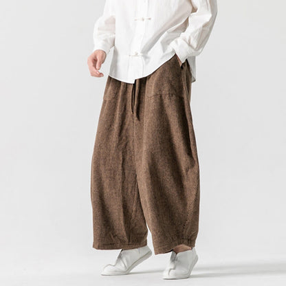 Buddha Stones Daily Solid Color Drawstring Design Men's Wide Leg Cotton Pants With Pockets