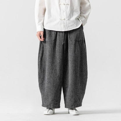 Buddha Stones Daily Solid Color Drawstring Design Men's Wide Leg Cotton Pants With Pockets