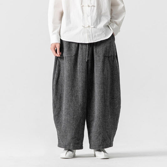 Buddha Stones Daily Solid Color Drawstring Design Men's Wide Leg Cotton Pants With Pockets