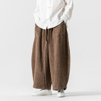 Buddha Stones Daily Solid Color Drawstring Design Men's Wide Leg Cotton Pants With Pockets