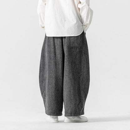 Buddha Stones Daily Solid Color Drawstring Design Men's Wide Leg Cotton Pants With Pockets