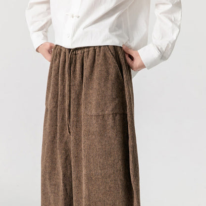 Buddha Stones Daily Solid Color Drawstring Design Men's Wide Leg Cotton Pants With Pockets