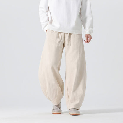 Buddha Stones Daily Drawstring Chinese Zen Style Men's Wide Leg Pure Cotton Pants With Pockets