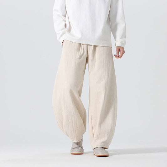 Buddha Stones Daily Drawstring Chinese Zen Style Men's Wide Leg Pure Cotton Pants With Pockets