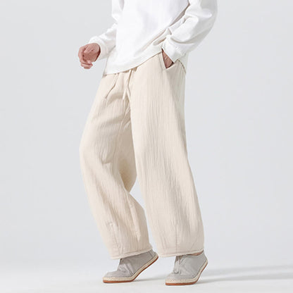Buddha Stones Daily Drawstring Chinese Zen Style Men's Wide Leg Pure Cotton Pants With Pockets