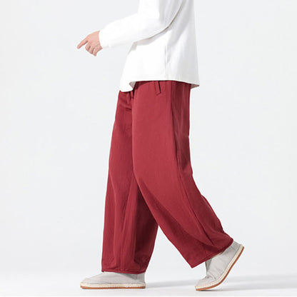 Buddha Stones Daily Drawstring Chinese Zen Style Men's Wide Leg Pure Cotton Pants With Pockets