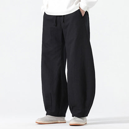 Buddha Stones Daily Drawstring Chinese Zen Style Men's Wide Leg Pure Cotton Pants With Pockets