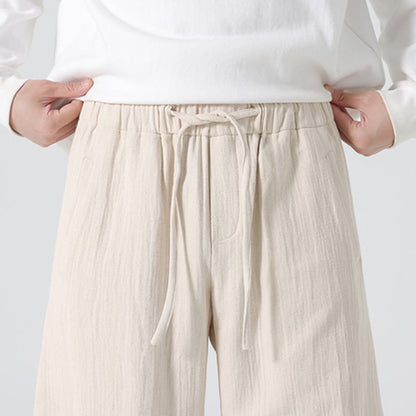 Buddha Stones Daily Drawstring Chinese Zen Style Men's Wide Leg Pure Cotton Pants With Pockets