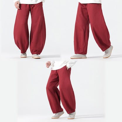 Buddha Stones Daily Drawstring Chinese Zen Style Men's Wide Leg Pure Cotton Pants With Pockets