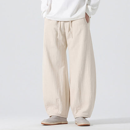 Buddha Stones Daily Drawstring Chinese Zen Style Men's Wide Leg Pure Cotton Pants With Pockets
