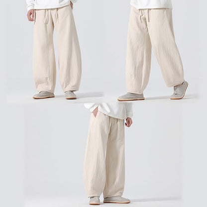 Buddha Stones Daily Drawstring Chinese Zen Style Men's Wide Leg Pure Cotton Pants With Pockets