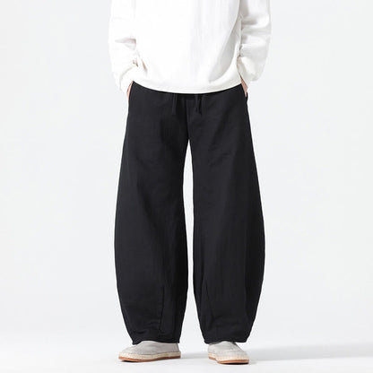 Buddha Stones Daily Drawstring Chinese Zen Style Men's Wide Leg Pure Cotton Pants With Pockets