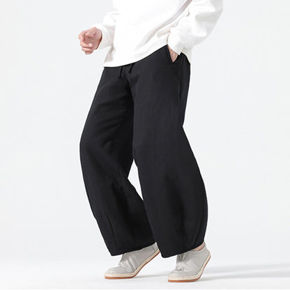 Buddha Stones Daily Drawstring Chinese Zen Style Men's Wide Leg Pure Cotton Pants With Pockets