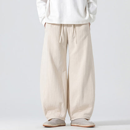 Buddha Stones Daily Drawstring Chinese Zen Style Men's Wide Leg Pure Cotton Pants With Pockets