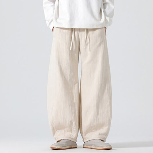 Buddha Stones Daily Drawstring Chinese Zen Style Men's Wide Leg Pure Cotton Pants With Pockets