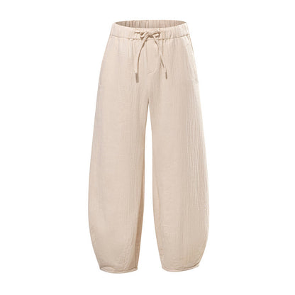 Buddha Stones Daily Drawstring Chinese Zen Style Men's Wide Leg Pure Cotton Pants With Pockets