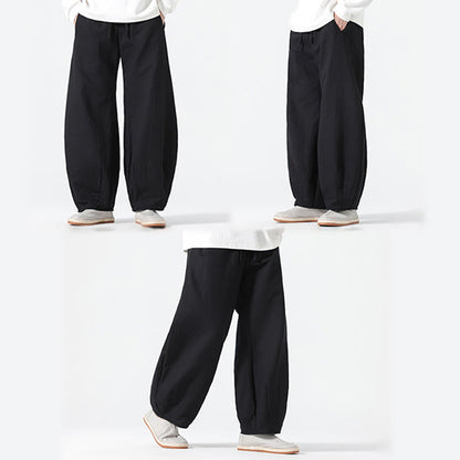 Buddha Stones Daily Drawstring Chinese Zen Style Men's Wide Leg Pure Cotton Pants With Pockets