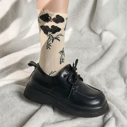 Buddha Stones Chinese Frog-Button Design Jacquard Bamboo Pattern Micro Crew Women's Socks