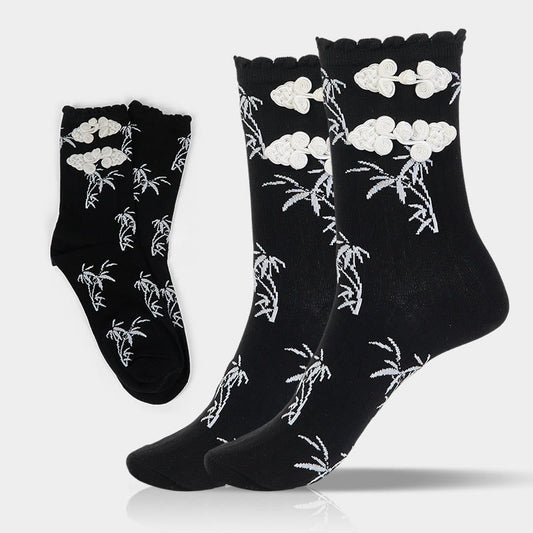 Buddha Stones Chinese Frog-Button Design Jacquard Bamboo Pattern Micro Crew Women's Socks