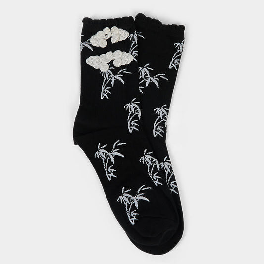 Buddha Stones Chinese Frog-Button Design Jacquard Bamboo Pattern Micro Crew Women's Socks