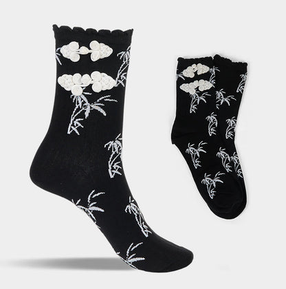 Buddha Stones Chinese Frog-Button Design Jacquard Bamboo Pattern Micro Crew Women's Socks