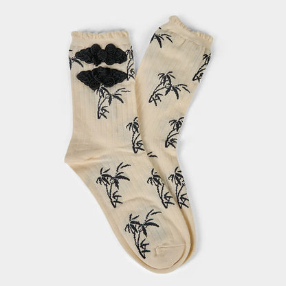 Buddha Stones Chinese Frog-Button Design Jacquard Bamboo Pattern Micro Crew Women's Socks