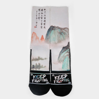 Buddha Stones Casual Lotus Chinese Landscape Painting Micro Crew Men Women Unisex Socks