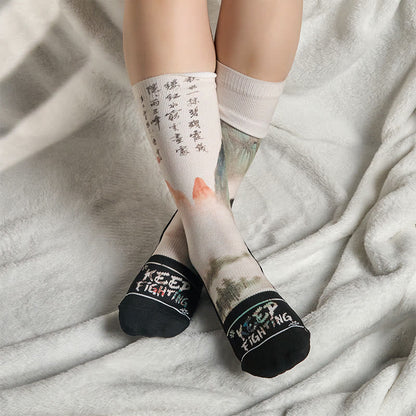 Buddha Stones Casual Lotus Chinese Landscape Painting Micro Crew Men Women Unisex Socks