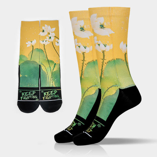 Buddha Stones Casual Beige Lotus Flowers Leaves Micro Crew Men Women Unisex Socks