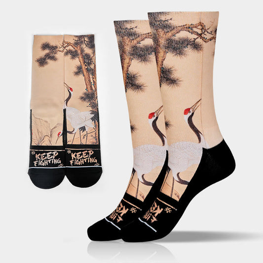 Buddha Stones Casual White Crane Pine Trees Mountains Micro Crew Men Women Unisex Socks