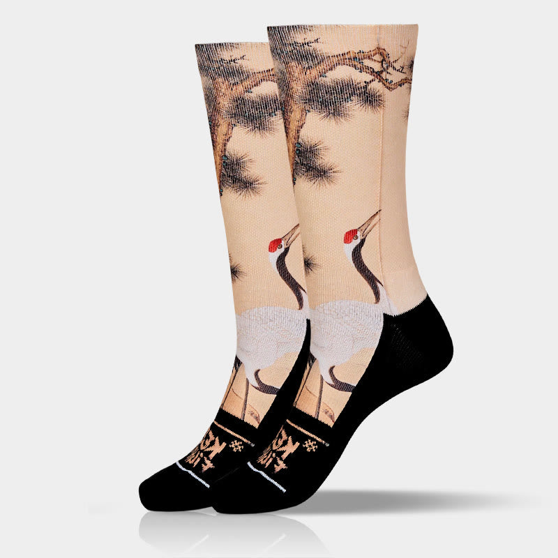 Buddha Stones Casual White Crane Pine Trees Mountains Micro Crew Men Women Unisex Socks