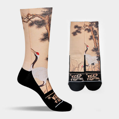 Buddha Stones Casual White Crane Pine Trees Mountains Micro Crew Men Women Unisex Socks