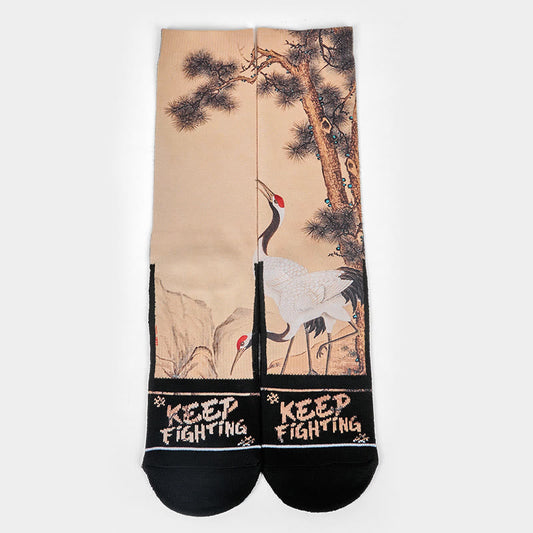 Buddha Stones Casual White Crane Pine Trees Mountains Micro Crew Men Women Unisex Socks