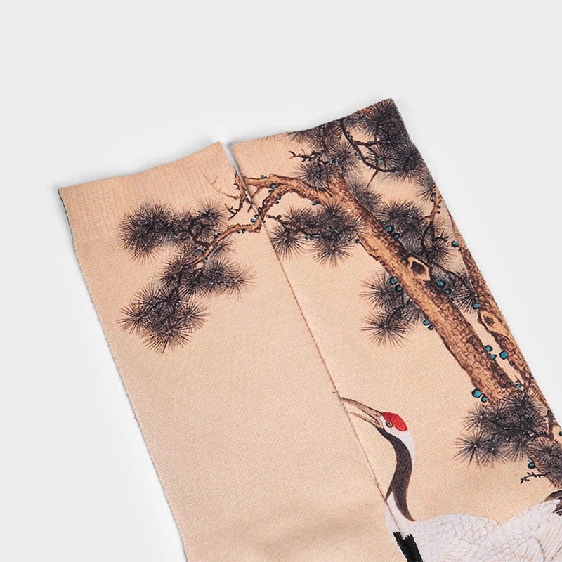 Buddha Stones Casual White Crane Pine Trees Mountains Micro Crew Men Women Unisex Socks