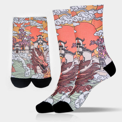 Buddha Stones Casual Dragon Clouds Sun Waves Micro Crew Men Women Unisex Socks