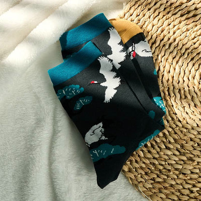Buddha Stones Casual White Crane Pine Tree Design Micro Crew Women's Socks