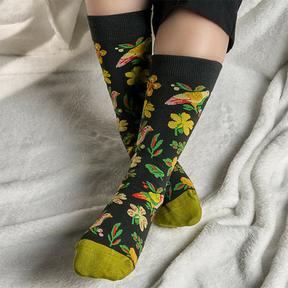 Buddha Stones Blooming Flower Bird Pattern Men Women Unisex Cotton Crew Socks