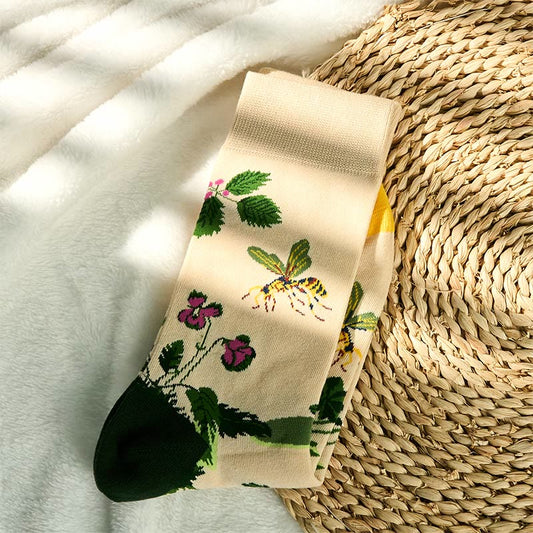 Buddha Stones Bee Frog Leaves Pattern Men Women Unisex Cotton Crew Socks