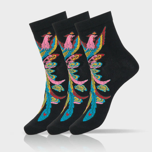 Buddha Stones Casual 3 Pairs Of Multicolored Phoenix Quarter Women's Socks
