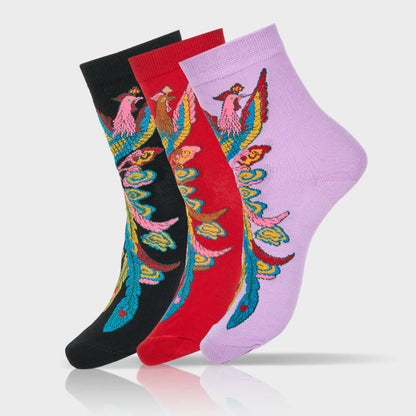 Buddha Stones Casual 3 Pairs Of Multicolored Phoenix Quarter Women's Socks