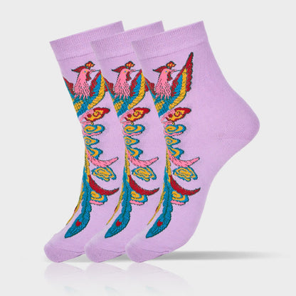 Buddha Stones Casual 3 Pairs Of Multicolored Phoenix Quarter Women's Socks