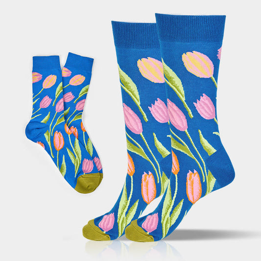 Buddha Stones Mediumblue Tulip Pattern Men Women Unisex Cotton Crew Socks