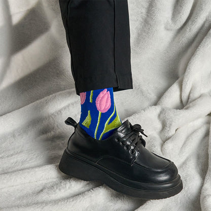 Buddha Stones Mediumblue Tulip Pattern Men Women Unisex Cotton Crew Socks