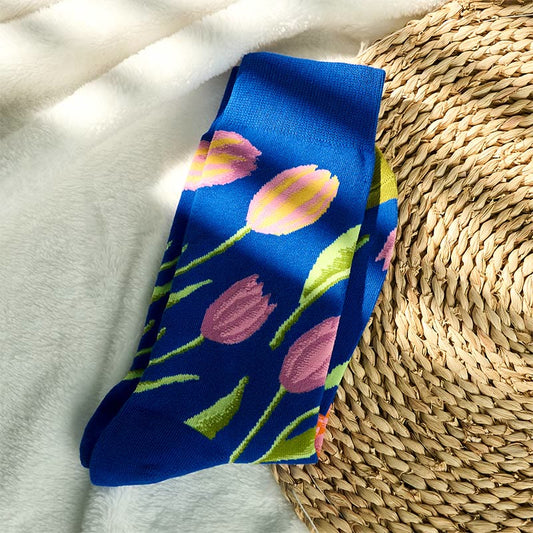 Buddha Stones Mediumblue Tulip Pattern Men Women Unisex Cotton Crew Socks