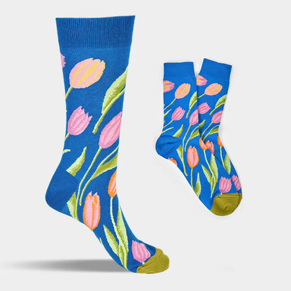 Buddha Stones Mediumblue Tulip Pattern Men Women Unisex Cotton Crew Socks